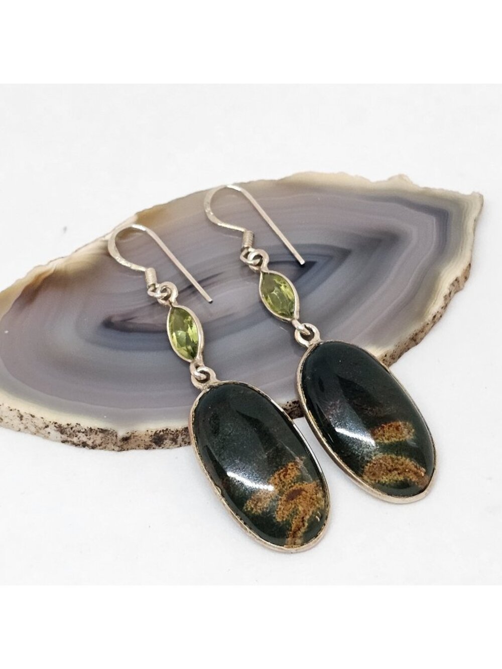 925 Sterling Silver Green Jasper Gem Stone Dangle Earrings Gemstone & Crystal